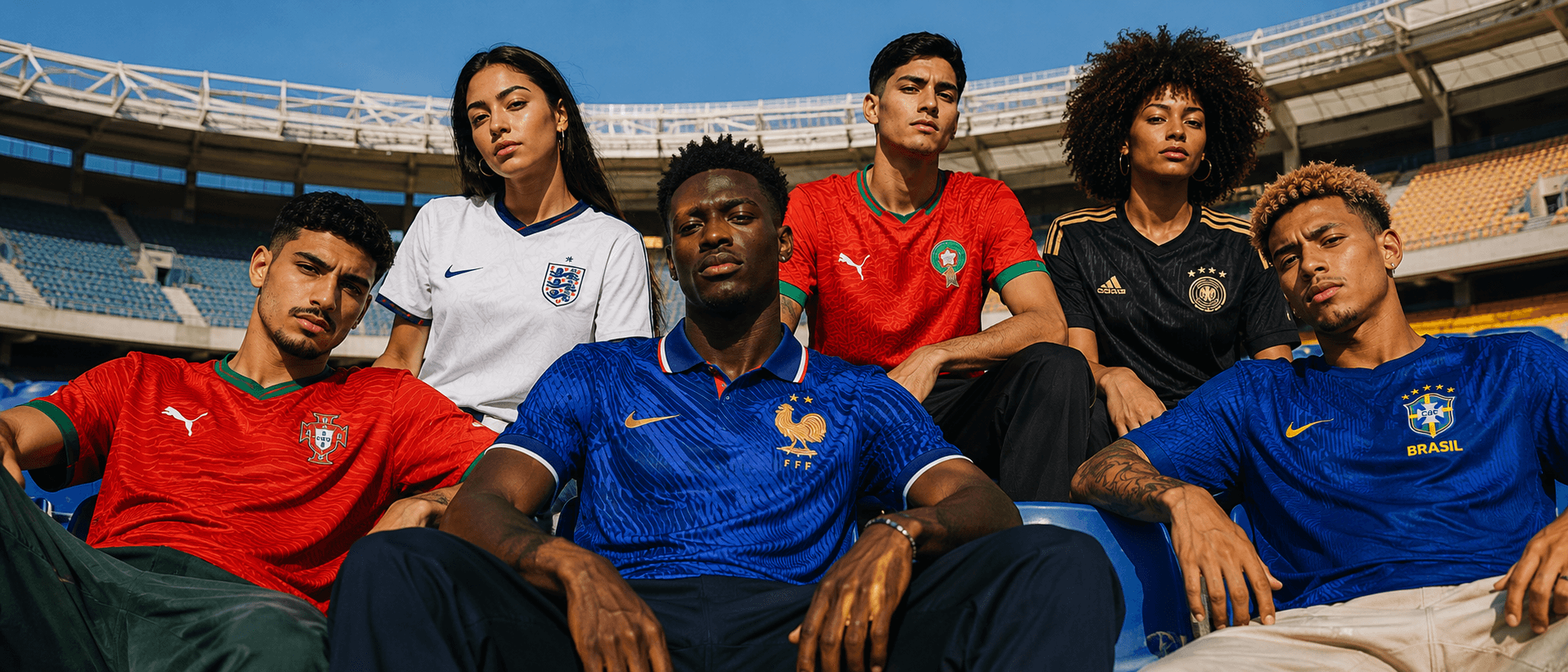 Maillots de football africains exposes sur fond noir